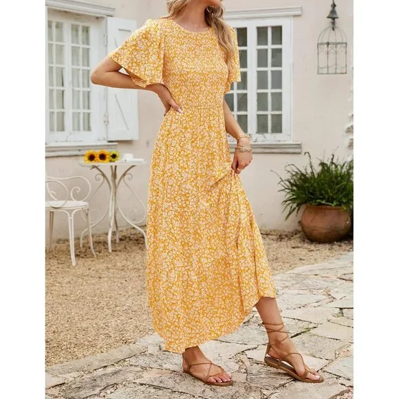 Women's Yellow Summer Casual Floral Print Short Flutter Sleeve Flowy Maxi Dress